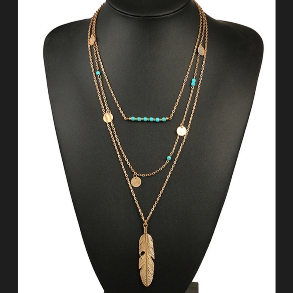 Feather Pendant Layered Chain Necklace